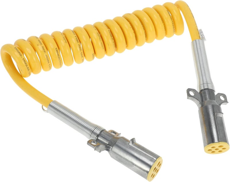 HEROFFIX 7 Way Coiled Electrical Power Trailer Cord Wire Male Plug Trailer Extension Cable for Semi Trucks Tractors 15 Feet Yellow Zinc Alloy - Image 1